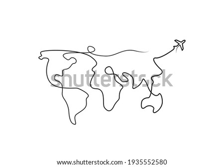 World map one line drawing, isolated vector. Continuous line world map with plane. Travel concept one line illustration. Line art. Continuous. Vector graphic. EPS 10