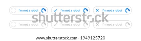 Recaptcha icons set. Confirmed and rejected recaptcha icon. I'm not a robot button. Captcha, I'm not a robot. Internet technology. Internet security.  Vector web button. Vector illustration. EPS 10