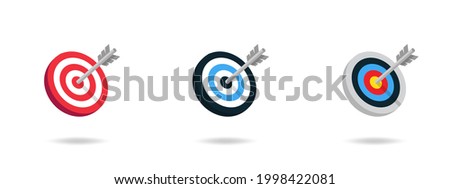 Realistic archery target set. Shoting target set with arrow. Set of targets isolated on white background. Reaching the goal concept. Business goal. Vector illustration. Arrow icon. EPS 10