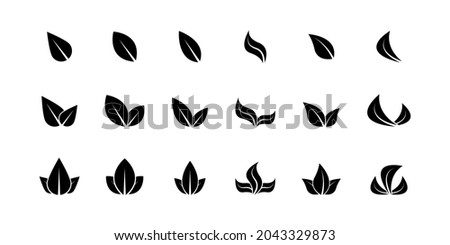 Different leaves shapes. Black leaves icon set isolated on white background. Foliage icons vector set. Eco leaves. Eco, bio sign logo. Vegeterian and vegan signs and sumbols. Vector graphic. EPS 10 