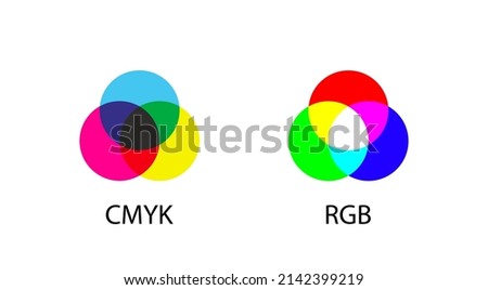 RGB and CMYK color cross overs. RGB and CMYK color mixing vector diagram icons. Additive and subtractive color mixing - color channels rgb and cmyk. Vector graphic EPS 10