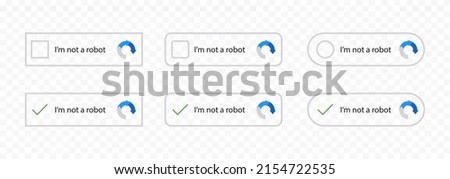 Captcha icons. I'm not a robot buttons. Web site protection. Person verification. Vector captcha icon set. Isolated flat vector graphic EPS 10