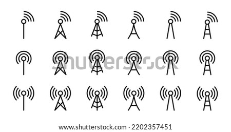 Antenna icon set. Radio antenna icon. Radio tower icons. Communication towers collection. Transmitter receiver wireless signal icons. Vector EPS 10