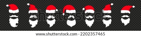 Santa hats and beards collection. Santa caps and mustache. Santa winter cap illustration. Santaclaus silhouette. New Year red hat. Vector graphic EPS 10