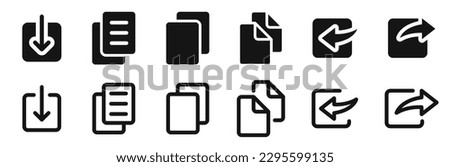 Document options icons. File option icons. Share, copy, paste, upload, download document. EPS 10 