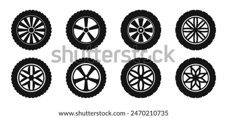 Car wheel icons. Wheel tires. Tires, wheel disks. Car wheel silhouettes. Car wheels