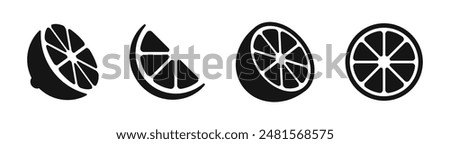 Citrus fruit slice icons. Orange slice shape set. Citrus black symbol collection. Citrus fruit whole, half and pieces silhouettes.