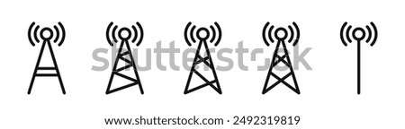 Antenna icon set. Wireless communication icons. Radio antenna icon. Communication tower icons. Radio tower icons. Transmitter, receiver, wireless signal icons.