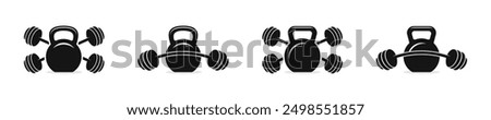 Kettlebell and barbell icons. Set of different kettlebells. Kettlebell, barbell, dumbbell vector illustration. Weightlifting icons.