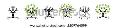 Tree logo. Tree with leaves vector illustration. Tree and roots vector icons. Tree with root.