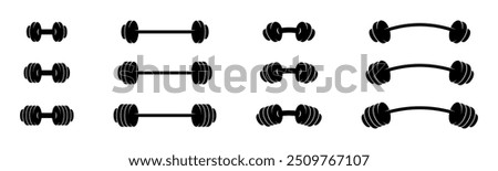 Barbell and dumbbell vector illustration. Barbell and dumbbell icons. Barbell and dumbbell silhouettes. Barbells vector icons.