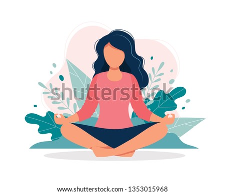 Woman meditating in nature and leaves. Concept illustration for yoga, meditation, relax, recreation, healthy lifestyle. Vector illustration in flat cartoon style