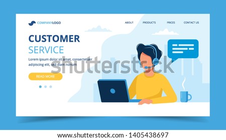 Customer service landing page. Man with headphones and microphone with laptop. Concept illustration for support, assistance, call center. Vector illustration in flat style