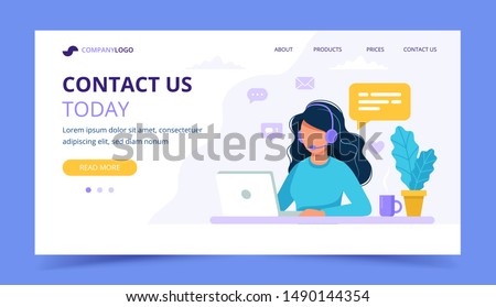 Contact us landing page. Woman with headphones and microphone with computer. Concept illustration for support, assistance, call center. Vector illustration in flat style