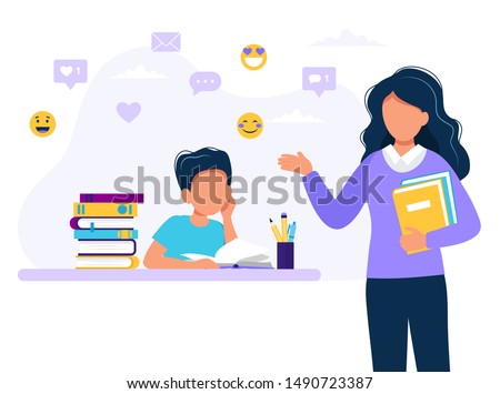 Female teacher and boy studying. Concept illustration for school, education. Vector illustration in flat style