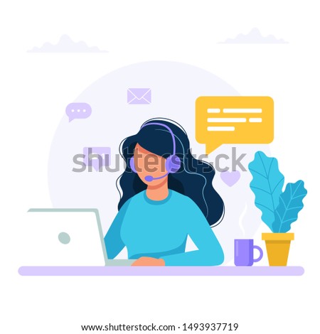 Contact us. Woman with headphones and microphone with computer. Concept illustration for support, assistance, call center. Vector illustration in flat style