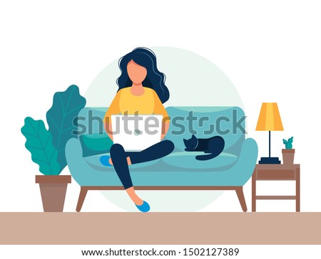 girl with laptop sitting on the chair. Freelance or studying concept. Cute illustration in flat style.
