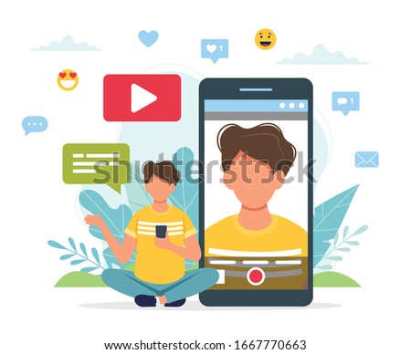 Video blogger recording video with smartphone. Cute vector illustration in flat style