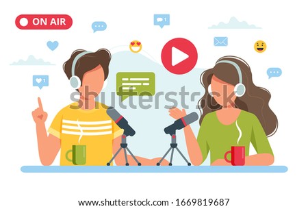 People talking to microphone recording podcast in studio. Vector illustration in flat style