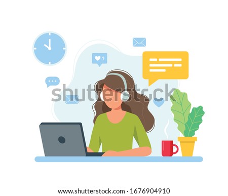 Home office concept, woman working from home, student or freelancer. Cute vector illustration in flat style