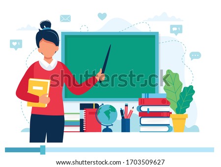 Online learning concept. Female teacher with books and chalkboard, video lesson. Vector illustration in flat style