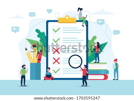 Survey of customer satisfaction. Big paper with ticks and crosses. Small people characters. Vector illustration in flat style