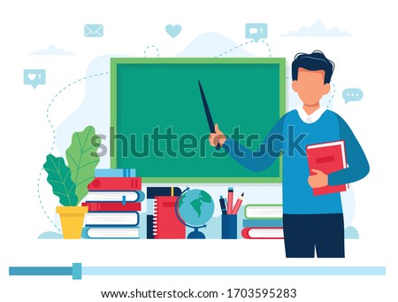 Online learning concept. Teacher with books and chalkboard, video lesson. Vector illustration in flat style