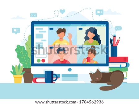 Computer with group of people doing video conference. Online meeting via group call. Vector illustration in flat style