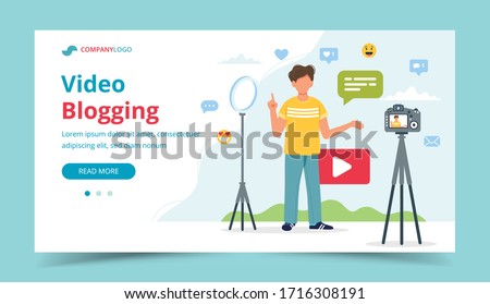 Video blogger recording video with camera and light. Different social media icons. Landing page template, vector illustration in flat style