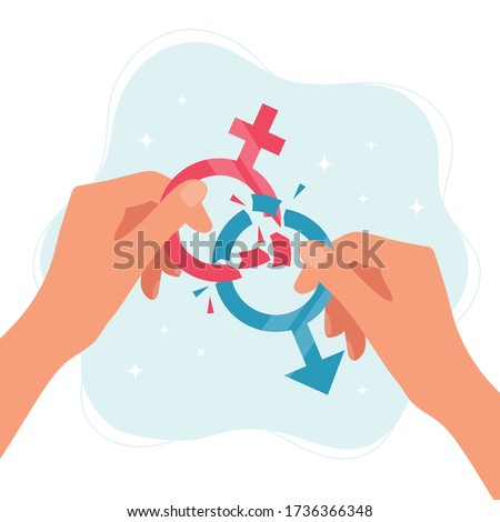 Gender norms concept. Hands holding gender symbols breaking in pieces. Vector illustration in flat style