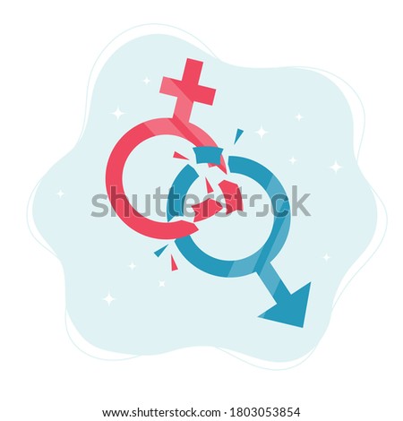 Gender norms concept. Gender symbols breaking in pieces. Vector illustration in flat style