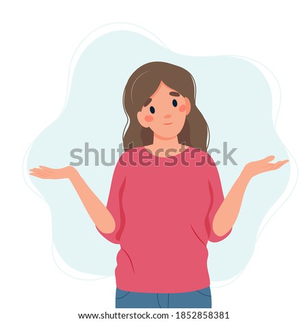 Woman shrugging with a curious expression, doubt or question, vector illustration in flat style