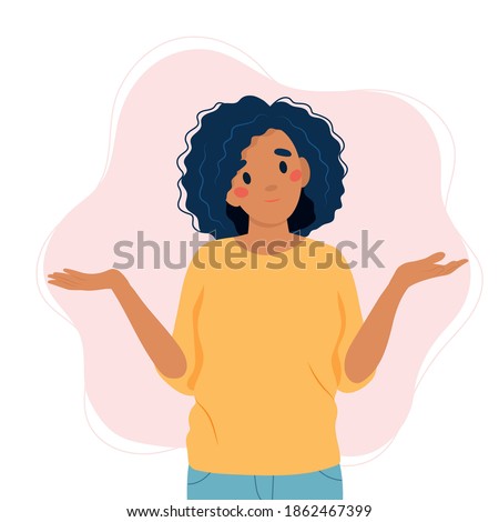 Black woman shrugging with a curious expression, doubt or question, vector illustration in flat style