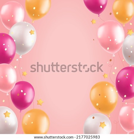 3d balloons background, realistic pink and yellow air balloons, stars and confetti on pink background. Greeting card or banner festive concept. Vector illustration