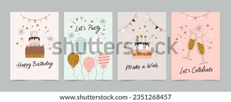 Happy birthday card set with cake, balloons and calligraphy. Cute and elegant vector illustration templates in simple style