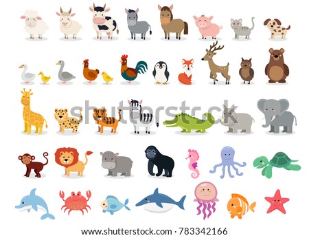 Cute animals collection: farm animals, wild animals, marina animals isolated on white background. Vector illustration design template