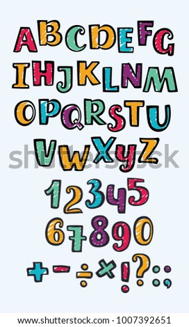 Vector cartoon drawn capital lettering drawing by marker. Outline ABC letters set n different colors. Numbers and sign on white background. Division sign, multiplication, plus, equals