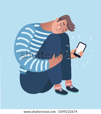 Vector cartoon illustration of Upset crying black man sitting and hugging his knees holding phone. Dislike, parting, disappointment, depression, sadness, social media 