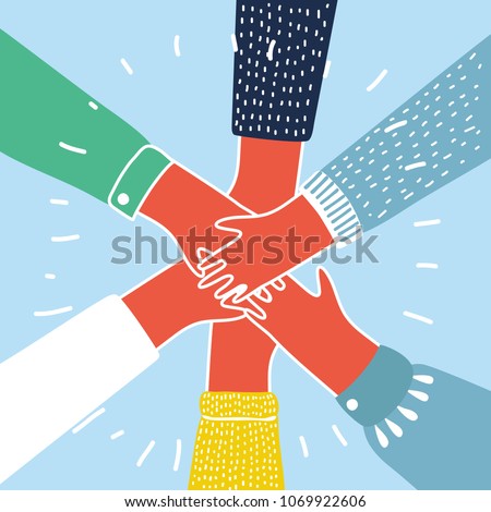 Vector cartoon illustration of people putting their hands together. Colorful concept