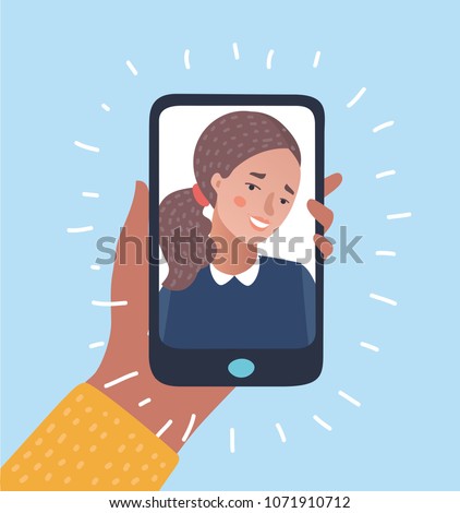 Vector cartoon illustration of Young beautiful Smiling girl on display smartphone. Human hand holding mobile phone and looking at the screen. Chat, Video call, self portrait.
