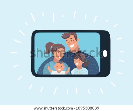 Vector cartoon illustration of Happy family pic on smartphone display. Mother, father, son, daughter. Video call or sending, taking photo, chat.