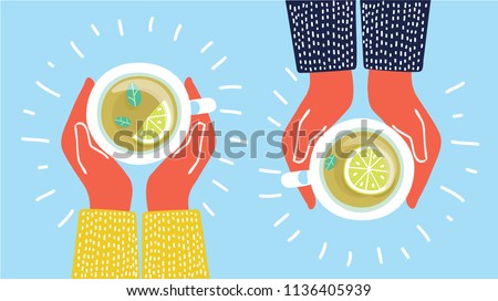 Vector illustration two friends drinking herbal Tea, Cup Mug, Top view of table in cafe. Woman friendship in autumn. Friendly support in difficult times. Tea with lemon.