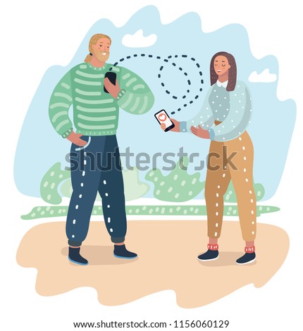 Dating application on mobile phone as concept. Couple of guy and girl is sending each other to smartphone a love message online. Vector cartoon illustration of men and woman in modern concept