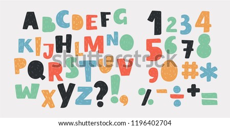 Vector cartoon of Bright alphabet set. Stylish letters and numbers in different modern colors. Cartoon icons. Lowercase and uppercase letters, numbers and sight. Funky letters.