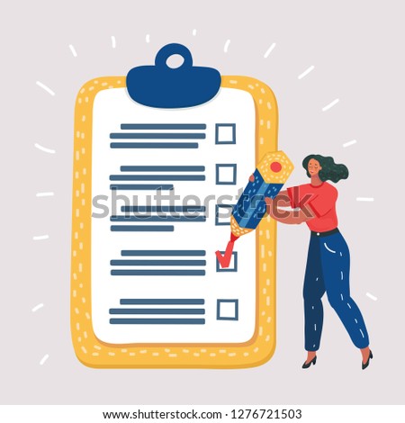 Cartoon vector illustration of Happy smiling woman holding pencil looking at completed checklist on clipboard. Business concept. Human characters on white bakcground.
