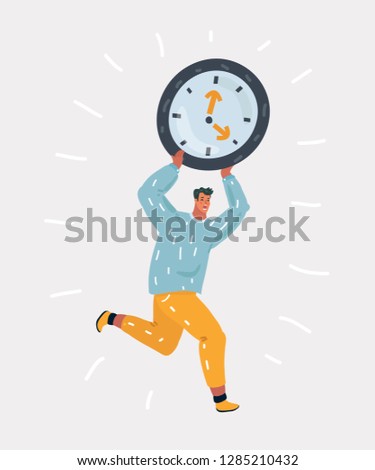 Vector cartoon illustration of man running with clock. Lack of time concept. Deadline. Human character on white isolated background.