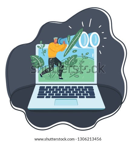 Vector cartoon illustration of spy. Tiny man with binocular appear at laptop computers screen. Surveillance and hacking at the night. Parental control