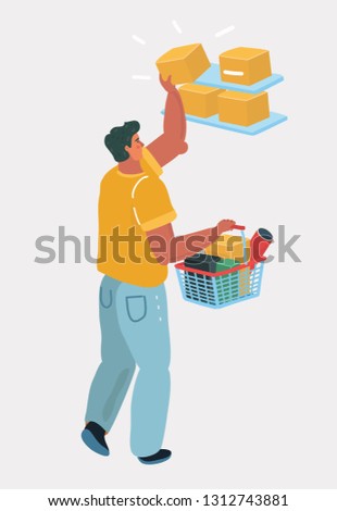 Vector cartoon illustration of man with full basket take item from shelves in shop. Human character on white background.