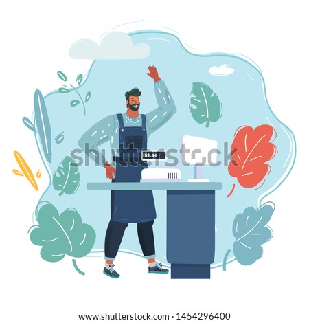 Cartoon vector illustration of cashier stand behind counter at shop.