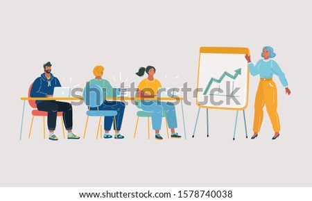 Cartoon vector illustration of People Group Presentation Flip Chart Finance, team training conference meeting. Team work in openoffice